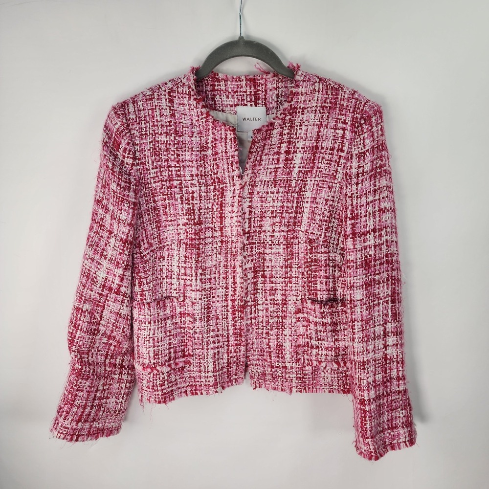 Walter Brand Blazer Womens 6 Tweed Boucle Jacket Raw Edge Hem Red Pink White